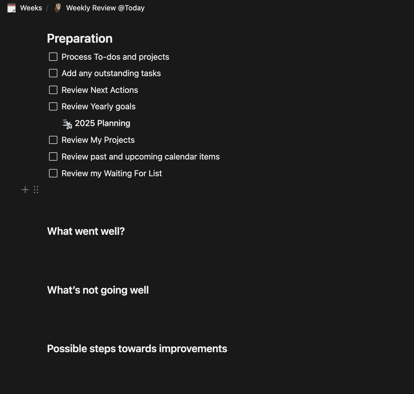 Weekly review in Notion showing scattered data across tools